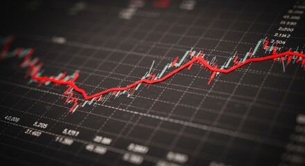 Closeup of a stock market chart displaying a red trendline on a dark background. Candlestick chart data indicates price fluctuations and overall market trend.