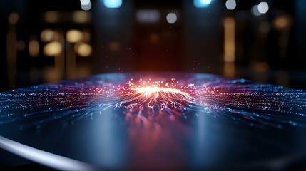 Futuristic digital network with glowing red and blue light trails radiating from central point against dark background, representing data flow and connectivity.
