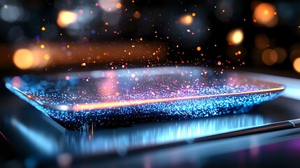 Glowing smartphone screen emitting magical blue light particles and bokeh effects against dark background, modern technology concept with sparkles.
