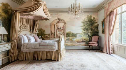 Serene Bedroom with Mural and Canopy Bed