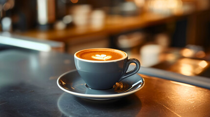 Fototapeta premium A popular drink, espresso with milk, served and made in a nearby café bar. An espresso with milk, enjoyed to the fullest.