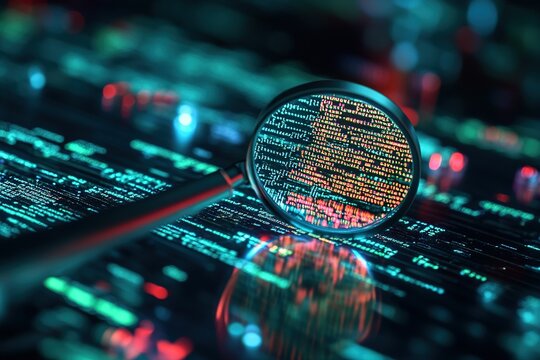 An AI robot with a magnifying glass, inspecting lines of code on a digital screen, symbolizing artificial intelligence in cybersecurity for threat detection.