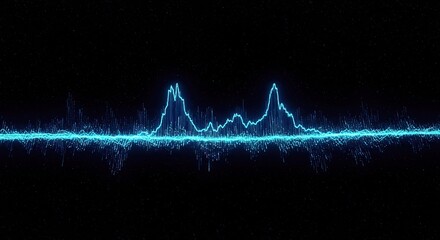 A stylized cyan digital audio waveform visualization against a dark background. The wave peaks twice, showing varying signal strength. The effect is abstract and artistic.