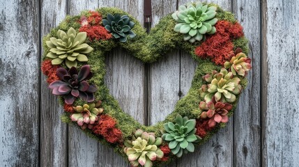 A heart-shaped faux succulent wreath made with artificial moss and plants in shades of green and red