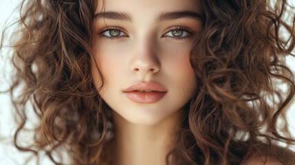 Fototapeta premium Close-up portrait of a woman with long curly hair, smiling