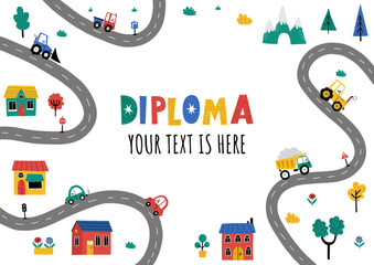 Diploma template with сute little town map with cars, houses, mountains, roads, trees, excavator, tractor, truck. Scandinavian style. Cute diploma template for kids.