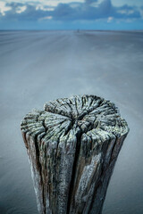 Wooden pole on the beach in stormy weather on the Dutch coast at twilight