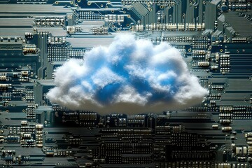 Blue Cloud Floating on Top of Circuit Board, cloud computing.