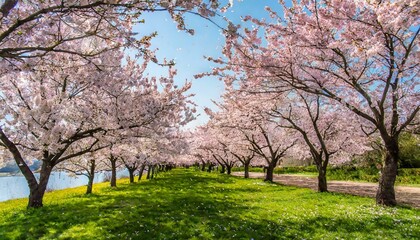 Obraz premium Cherry blossom trees in full bloom, gentle pink petals falling, spring season vibes