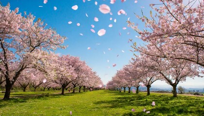 Obraz premium Cherry blossom trees in full bloom, gentle pink petals falling, spring season vibes