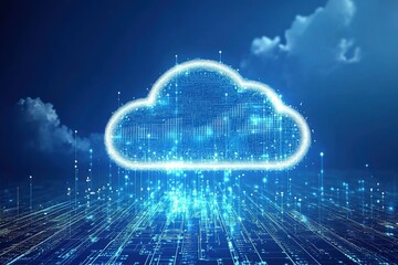 cloud computing technology concept transfer database to cloud. There is a large cloud icon that stands out in the center of the abstract world above the polygon with a dark blue background.