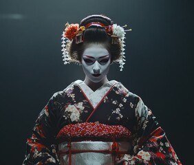 Geisha, dark studio, posing, mysterious, kimono, Japan, portrait, art