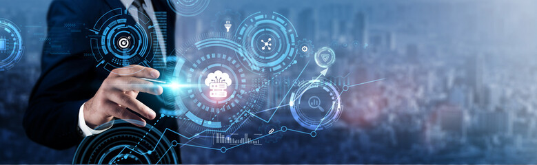 Big Data: Businessman analyzing technological data and data analytics, trends identification, predictive modeling, data visualization, business intelligence, decision-making, and insights generation.