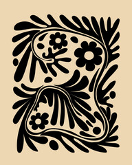 A modern, minimalist floral design with abstract shapes in beige, and black.