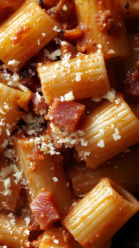 Rigatoni Amatriciana with crispy guanciale and pecorino romano.