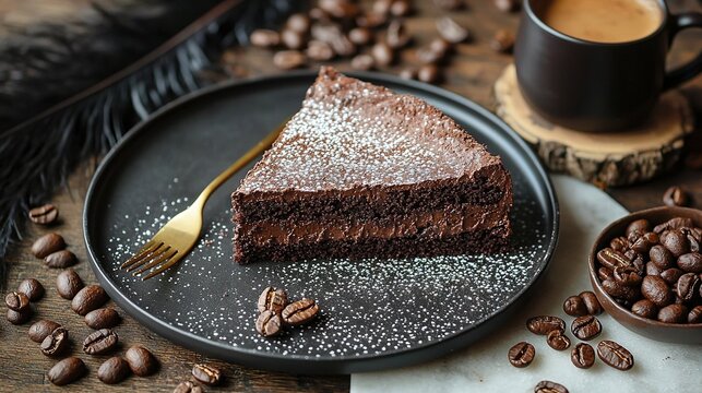  A chocolate cake rests atop a black platter alongside coffee beans and a steaming cup of java