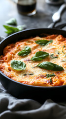 Rigatoni with vodka sauce, a creamy tomato-based dish topped with parmesan and basil.