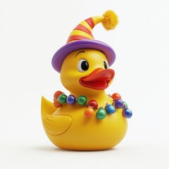 3D icon cartoon of a Rubber Duck in a jester&acirc;???s hat with colorful bells, isolated on white background