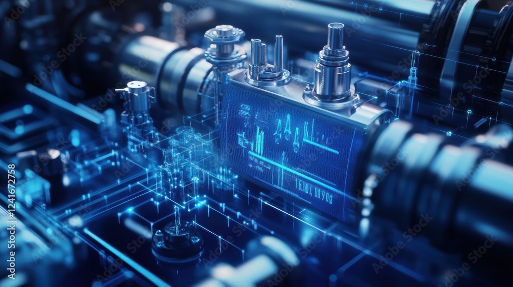 Poster futuristic industrial machine monitoring system is displaying performance data and statistics on a h