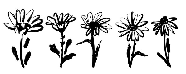 Ink Marker Gouache flowers hand drawn sketches illustrations. Dry brush stroke simple minimalistic floral doodles isolated on white for cosmetics, kid education.