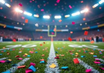 confetti covers american football field bright colors blurred stadium lights celebration championship