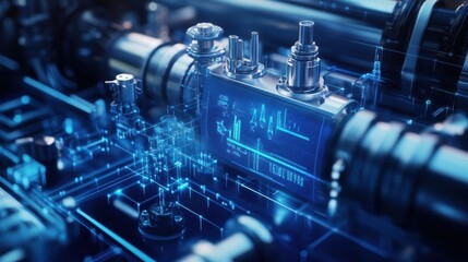 Fototapeta premium Futuristic industrial machine monitoring system is displaying performance data and statistics on a holographic screen, showcasing innovative manufacturing processes and advanced technology