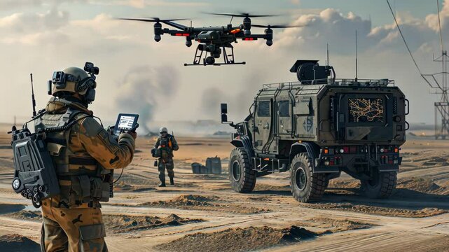 Soldier engineer operates drone at mobile military base during training exercise in urban environment