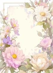 Elegant card design with pastel flowers and leaves in soft pink tones