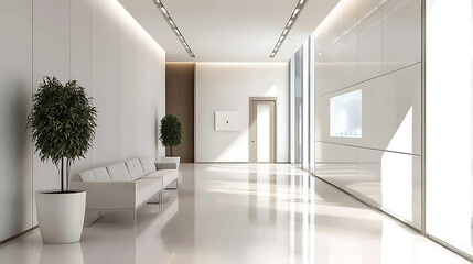 Obraz premium A large, empty room with a white couch and a potted plant