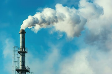 Factory pipes with smoke on blue sky background. Industrial smokestacks sending thick smoke to blue sky. Air pollution, ecological problem.