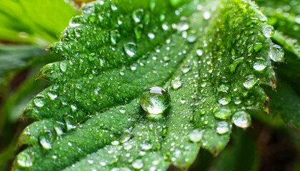 Close-up of a dewdrop on a fresh green leaf, macro photography style, ultra-HD