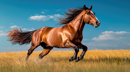 Chestnut horse galloping across golden field, blue sky