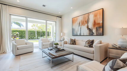 Fototapeta premium A living room with a large painting on the wall and white furniture