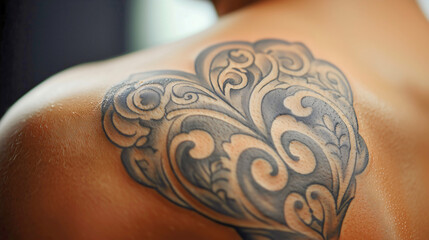 A tattoo drawn on the shoulder with modern black ink. The tattoo is on a woman's upper shoulder, large and featuring modern art.