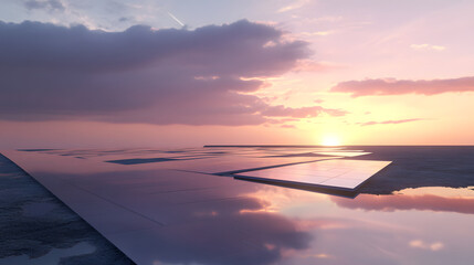 Fototapeta premium Rows of solar panels reflecting the last rays of sunlight at sunset, transforming the landscape into a sustainable energy hub.