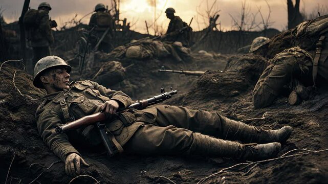 Fallen soldiers rest peacefully on a desolate battlefield during twilight, with the haunting backdrop of a war-torn landscape highlighting their sacrifice and valor