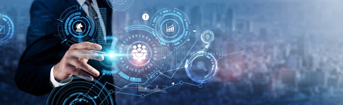 Project Management: Businessman analyzing technological data and resource allocation, task prioritization, team coordination, timeline tracking, risk management, performance monitoring