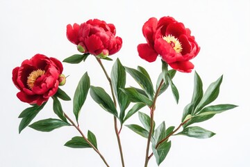 Obraz premium Three red flowers arranged in a vase on a wooden table