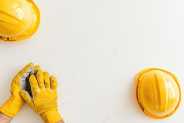 Hands Hold Yellow Helmet and Gloves on Clean Surface in Minimalist Style for Construction or Safety Themes