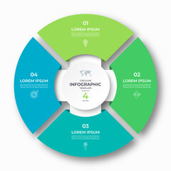 Vector infographic circular template divided into 4 sections, parts. Cycle diagram with 4 options. 4-step round chart. Suitable for use in presentations, reports, visualizing data, marketing materials