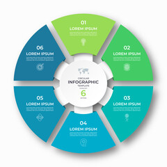 Vector infographic circular template divided into 6 sections, parts. Cycle diagram with 6 options. 6-step round chart. Suitable for use in presentations, reports, visualizing data, marketing materials