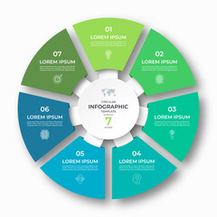 Vector infographic circular template divided into 7 sections, parts. Cycle diagram with 7 options. 7-step round chart. Suitable for use in presentations, reports, visualizing data, marketing materials