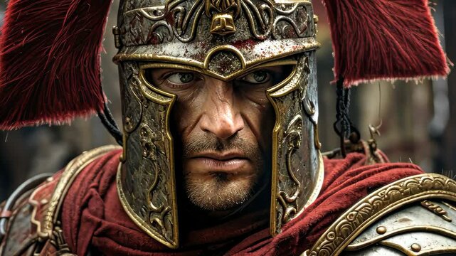 A Roman centurion stands resolute in full battle gear amidst the chaos of ancient warfare, showcasing his red plumed helmet and ornate armor in a historic encampment