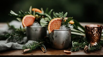   Two silver cups brimming with orange slices sit atop a wooden table, adjacent to another silver cup overflowing with the same juicy fruit