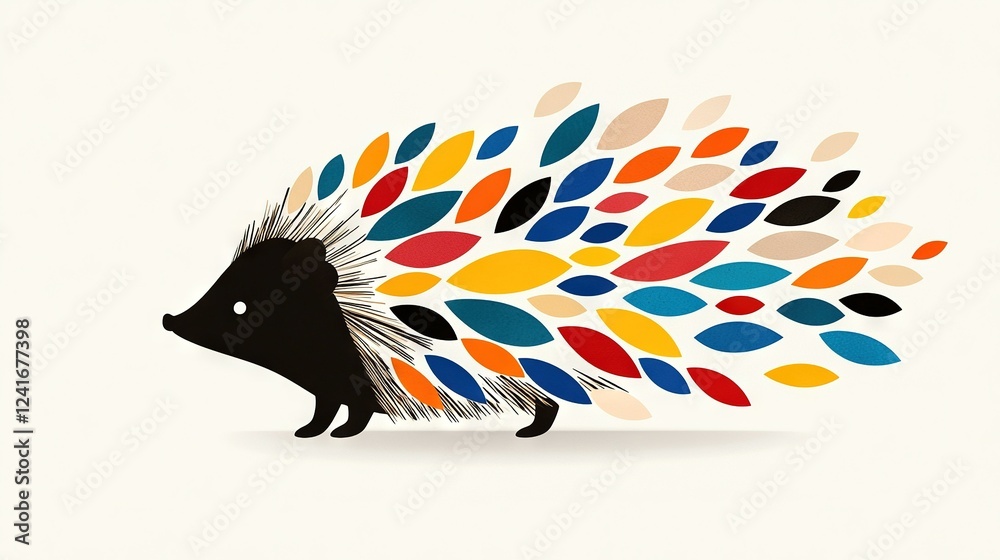 Wall mural a hedgehog with a multicolored pattern on its back stands against a white background
