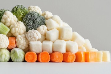 Frozen Mixed Vegetables Arranged in a Pyramid on a Plain White Surface Showcasing Vibrant Colors and Textures