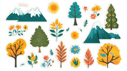 Obraz premium Colorful nature themed stickers featuring mountains, trees, and flowers in vibrant designs for creative projects. Generative AI