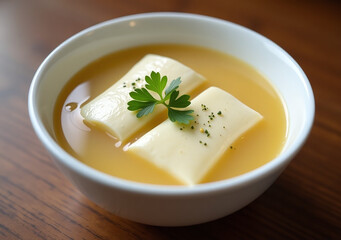 extremely smooth silken tofu soup looks stunning simple white bowl wooden