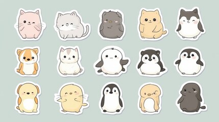 Obraz premium Cute collection of adorable animal stickers featuring cats, penguins, and other whimsical characters for creative projects. Generative AI