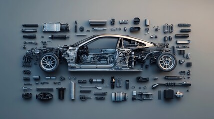Exploded view of a generic sports car revealing its internal components, chassis, and engine, offering a detailed insight into automotive engineering and design